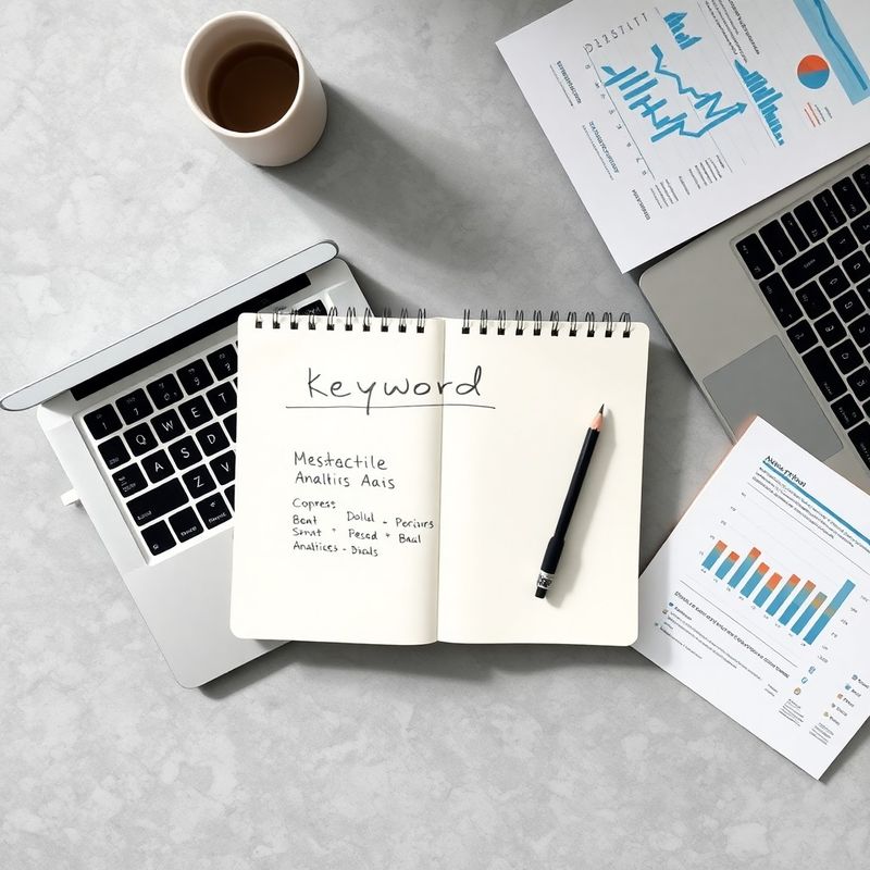 Cahier avec diagramme de clusters de mots-clés dessiné à la main, entouré d'un ordinateur et de rapports