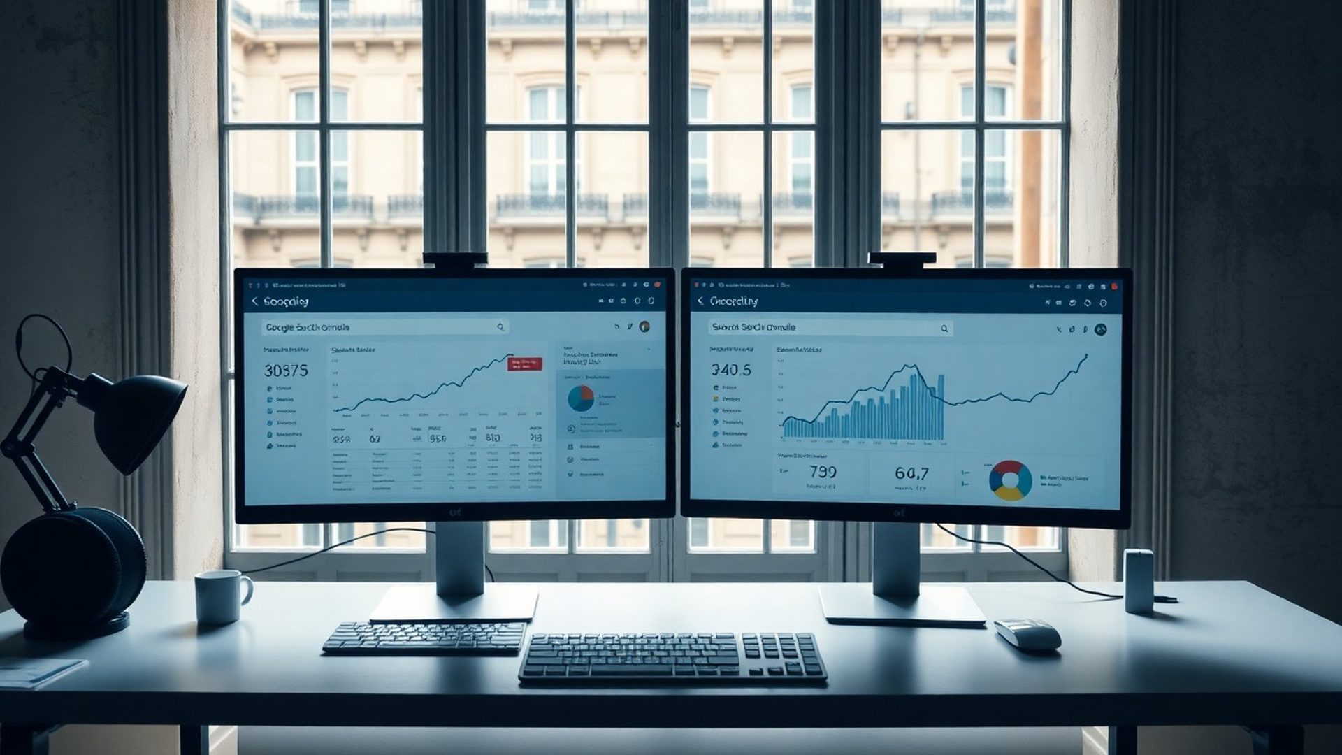 Espace de travail avec tableau de bord Google Search Console et graphiques d'analyse SEO