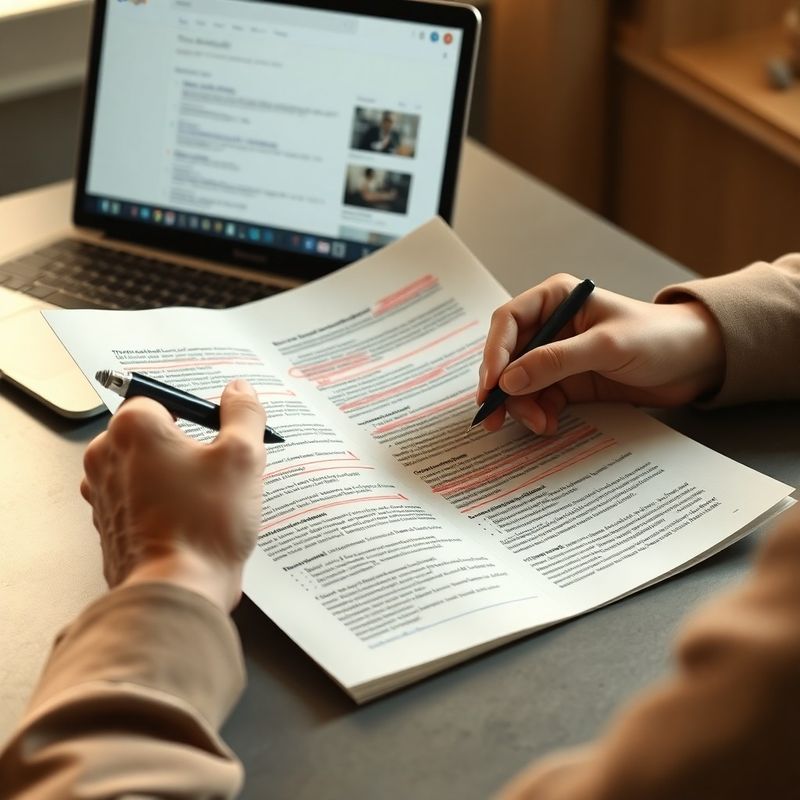 Document éditorial annoté à l'encre rouge sur un bureau, à côté d'un ordinateur affichant une SERP Google